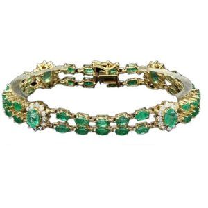 Impressive 13.30 Carats Natural Emerald & Diamond 14K Solid Yellow Gold Bracelet